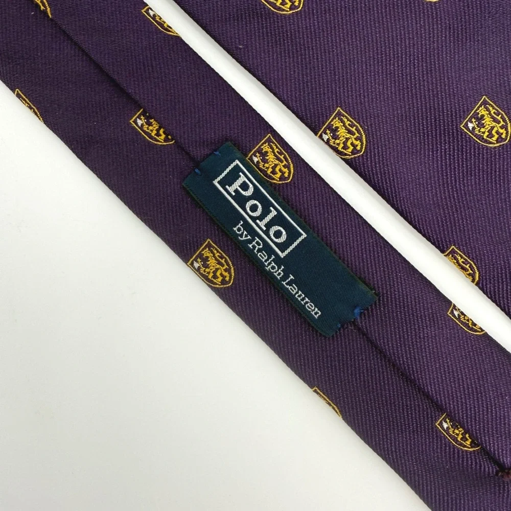 Vintage Polo Ralph Lauren Purple Silk Repp Tie Crested Lion Emblematic Italy